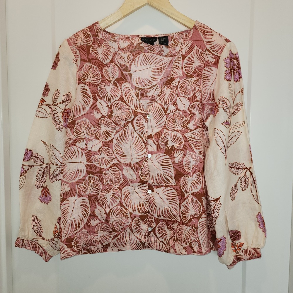 Artsy Boho XS Tahari‎ Mixed Print Linen Top Tropical Floral Beach Cottagecore
